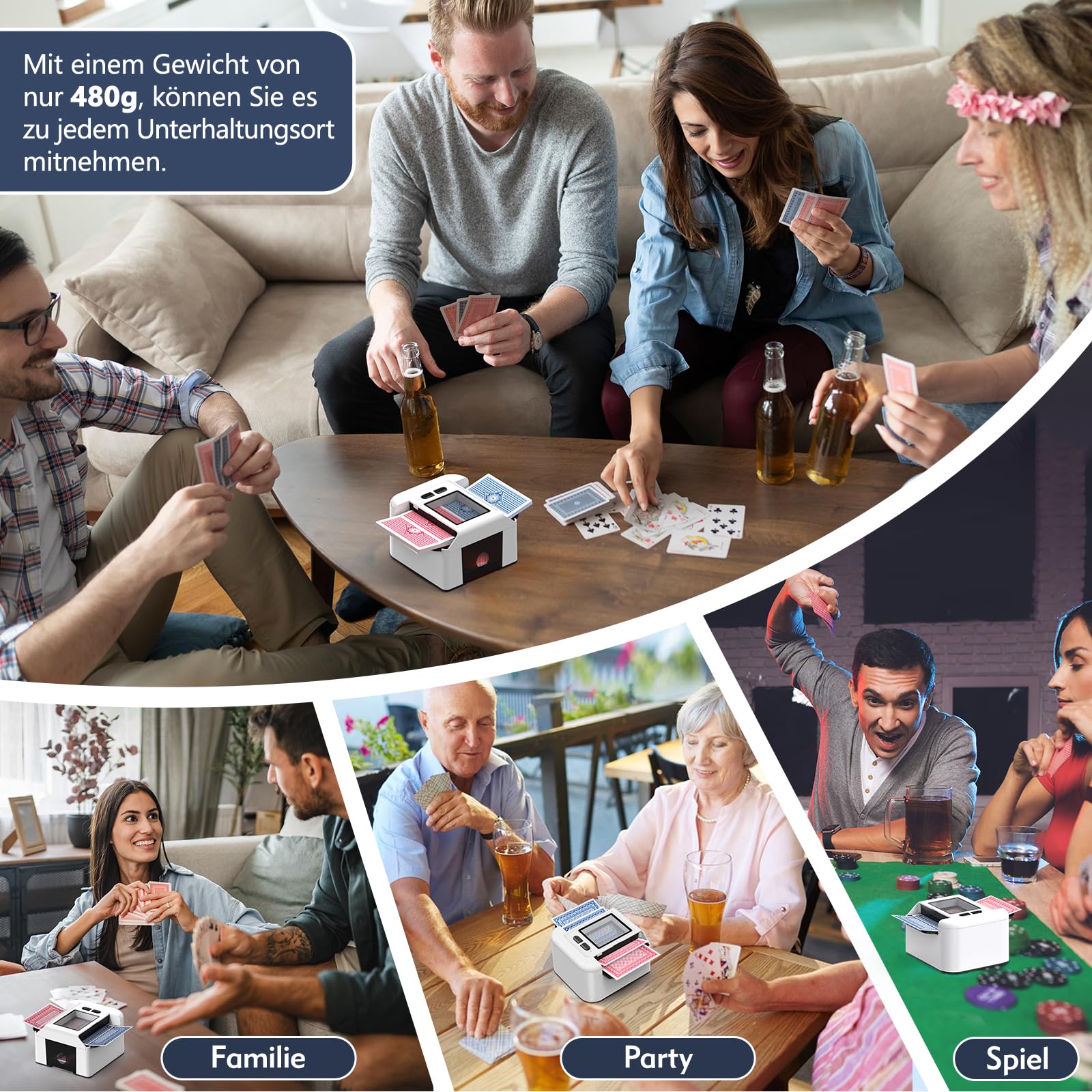 ShinePick Kartenmischmaschine Elektrische für 1-2 Decks, One-Press Auto & Manueller Wiederaufladbarer 2000mAh Geräuscharm Kartenmischgerät für UNO, Skip BO, Poker, Blackjack (Weiß) 6