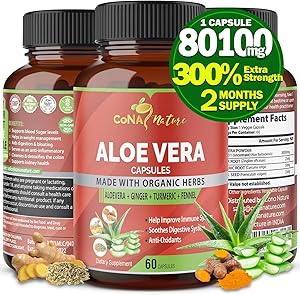 Organic Aloe Vera Capsules 80100MG with Turmeric, Ginger, Fennel | Support Immune and Digestion System | Natural Anti-Inflammatory, Antioxidants| Multi Nutrients, Vitamins, Minerals Supplement Extract