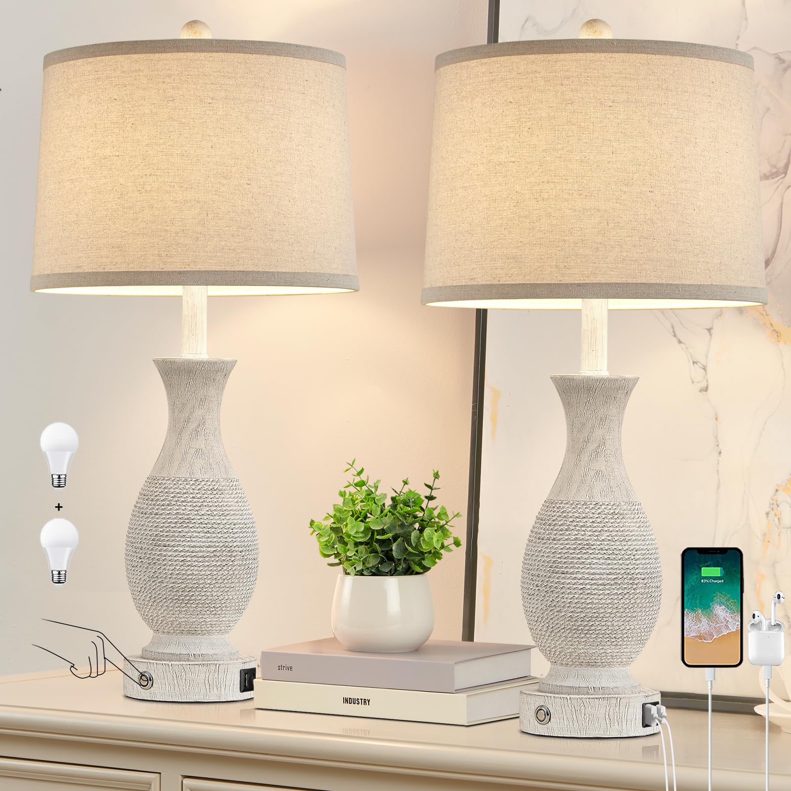 Photo 1 of 28" Rustic Farmhouse Table Lamps for Living Room Set of 2 Bedroom Lamps for Nightstand with USB A+C Charging Ports, 3-Way Dimmable Touch Bedside Lamp, Off-White, Linen Lampshade, LED Bulbs Included