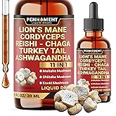 Penhoment 11in1 Mushroom Liquid Drops with Lions Mane Tincture, Ashwagandha, Turkey Tail, Cordyceps, Reishi, Chaga, Shitake, Maitake, Agaricus, Oyster Mushrooms - 1FL Oz - 30 Day Supply