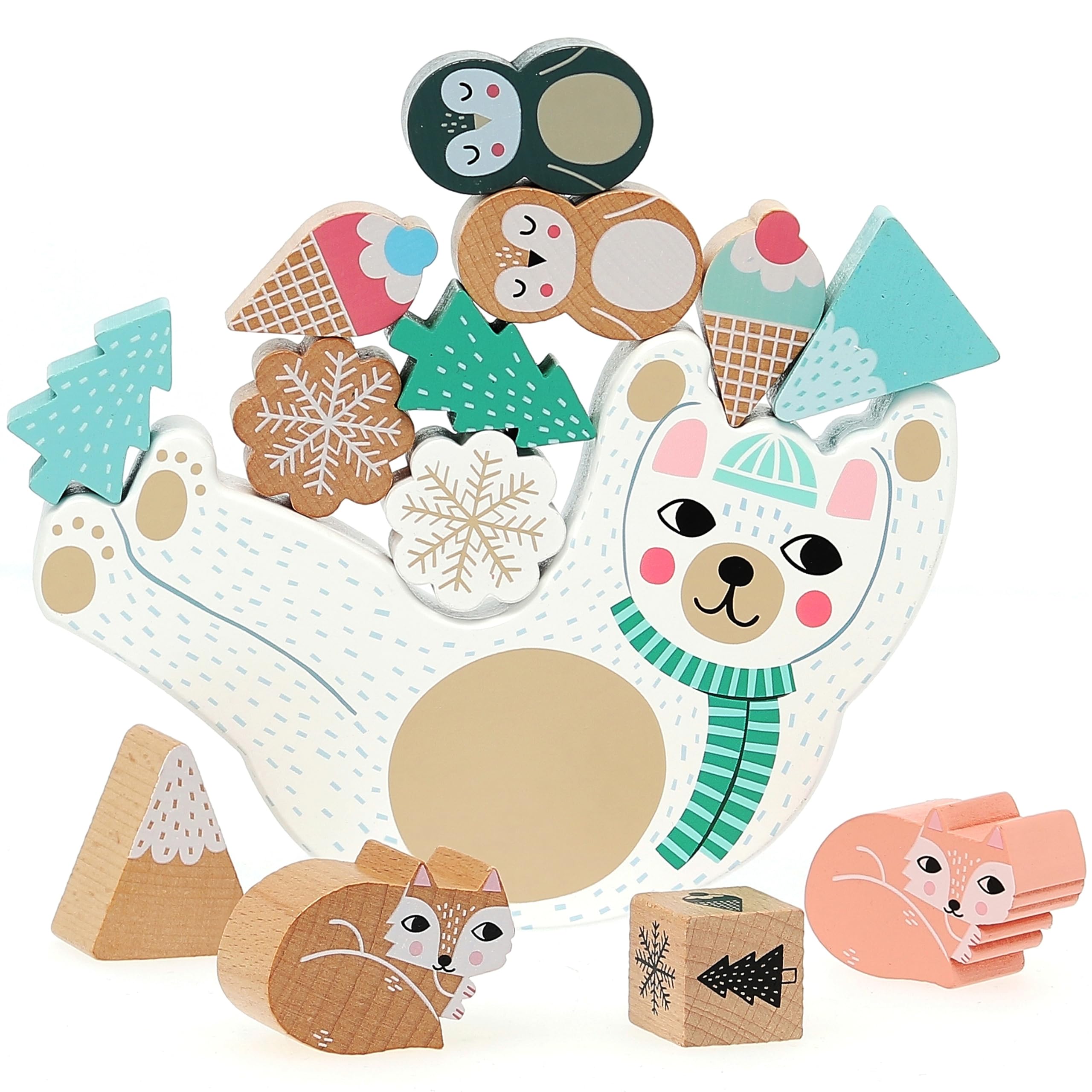 Vilac Wooden Stacking, Balancing Game, Montessori Toy, Develops Motor Skills, 4 Years+, 14 Pieces (1 Eddy Polar Bear Base, 12 Iceland Items, 1 Dice) Illustrated By Michelle Carlslund, Stabilizing Bear