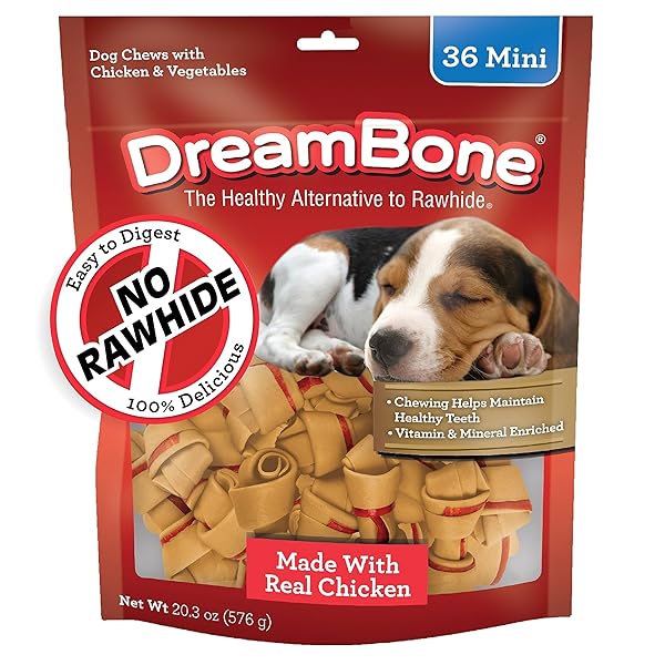 DREAMBONE MINI CHEWS WITH REAL CHICKEN CHEWS FOR DOGS, 36 COUNT, THESE RAWHIDE-FREE CHEWS ARE A DOG’S FAVORITE DISTRACTION