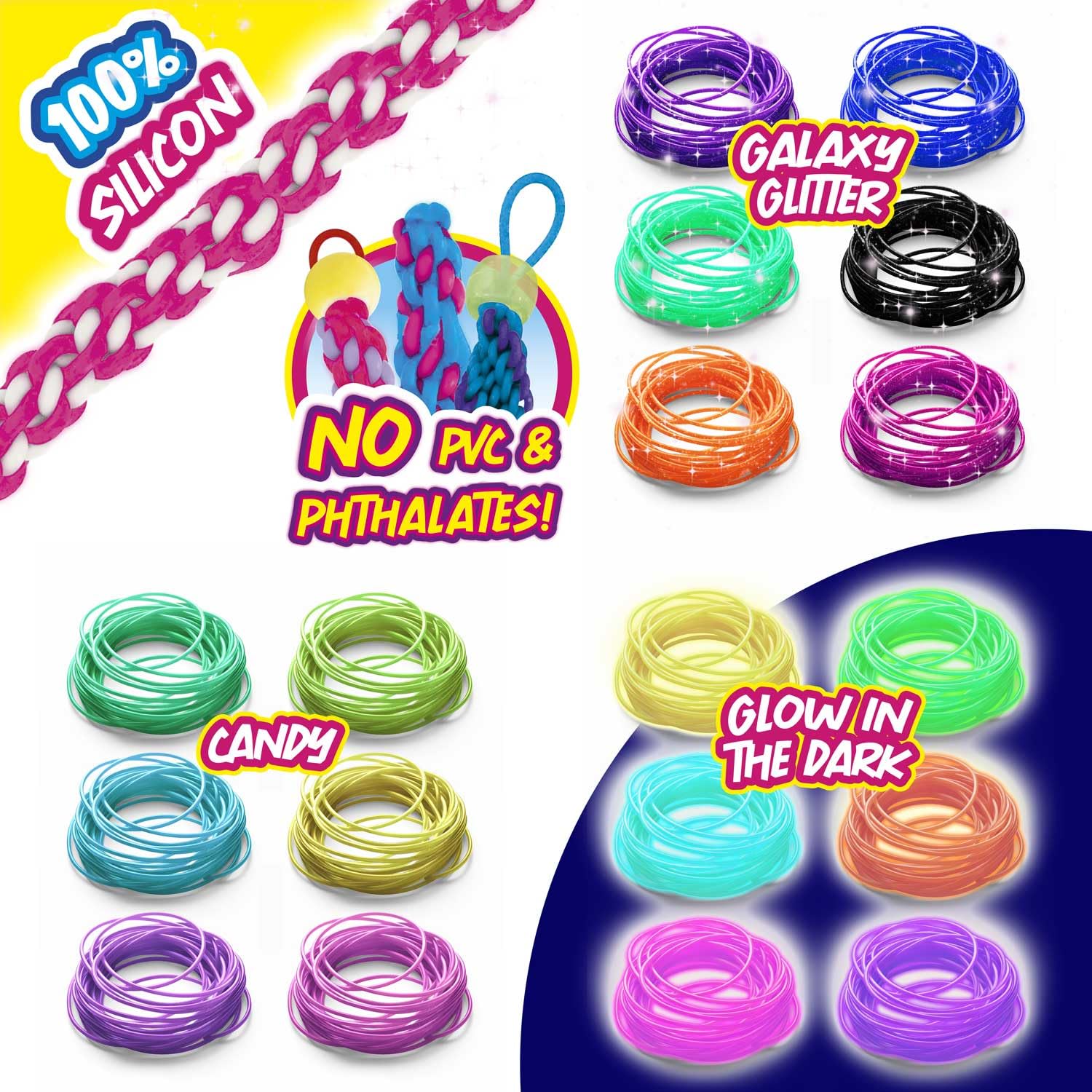 CRAZE SCOUBIDOU Bänder Kreativ Box – 36 Silikon Skubidubänder inkl. 30+ Anhängsel & Perlen – Scoubidou Bänder Glitzer, Neon & Candy – Kinder Bastelset, Creative Box, 36 Farben 2