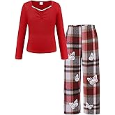 YOURUIKEY Girls' Clothing Set Lace V Neck Shirt Plaid Butterfly Pants Kids Fall Winter Outfit Cute Clothes for Girl Size 8-12