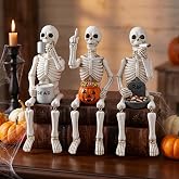Allyix Halloween Skeleton Statues, Set of 3 Funny Skeleton Shelf Sitters | Tabletop Decorations, 5.9 Inch Skull Figures for Indoor Home Mantel Party Decor