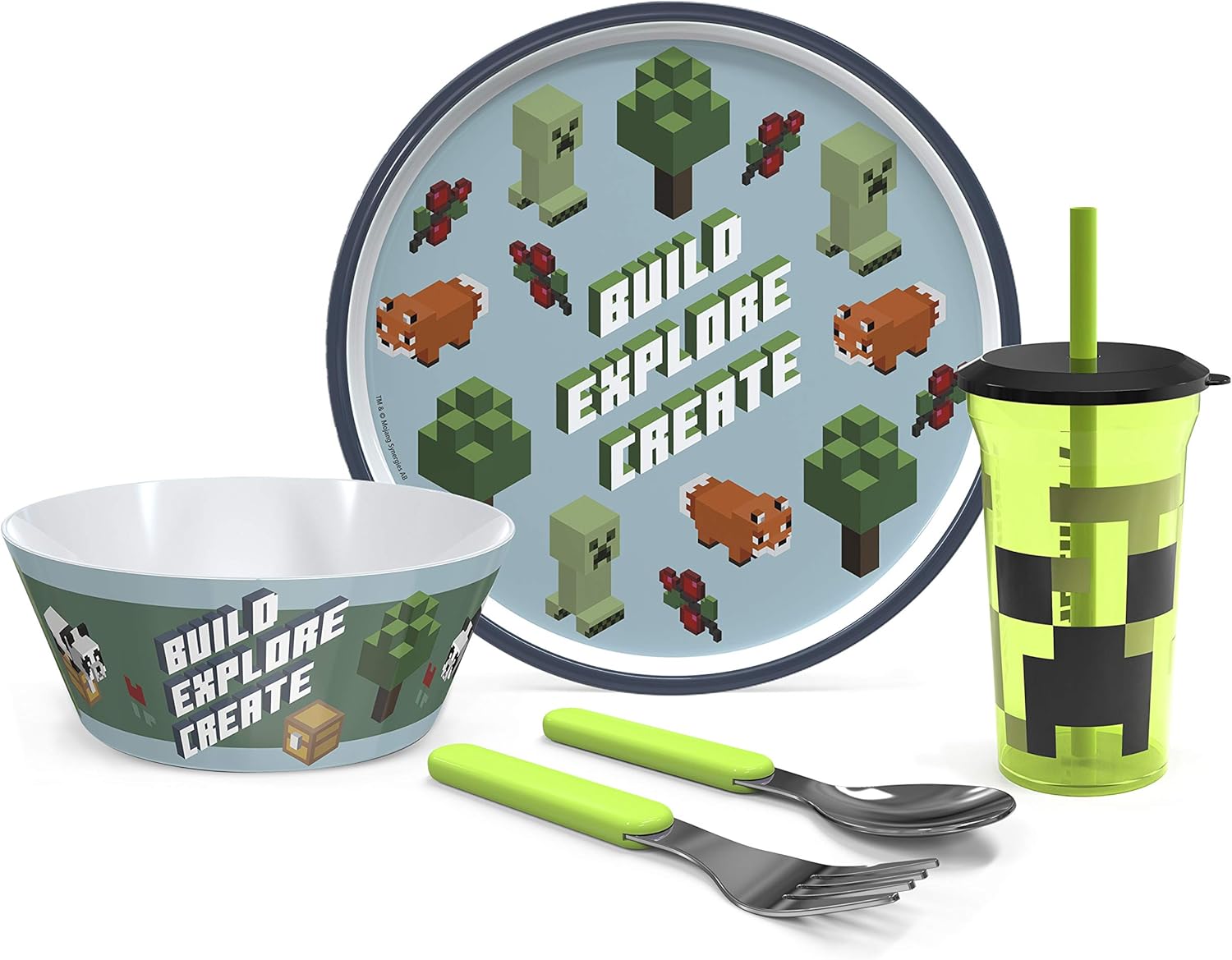 Zak Designs Minecraft Dinnerware Set Includes Plate, Bowl, Tumbler with Straw, and Utensil Tablew Made of Durable Material and Perfect for Kids, Fun Sip (5pc)