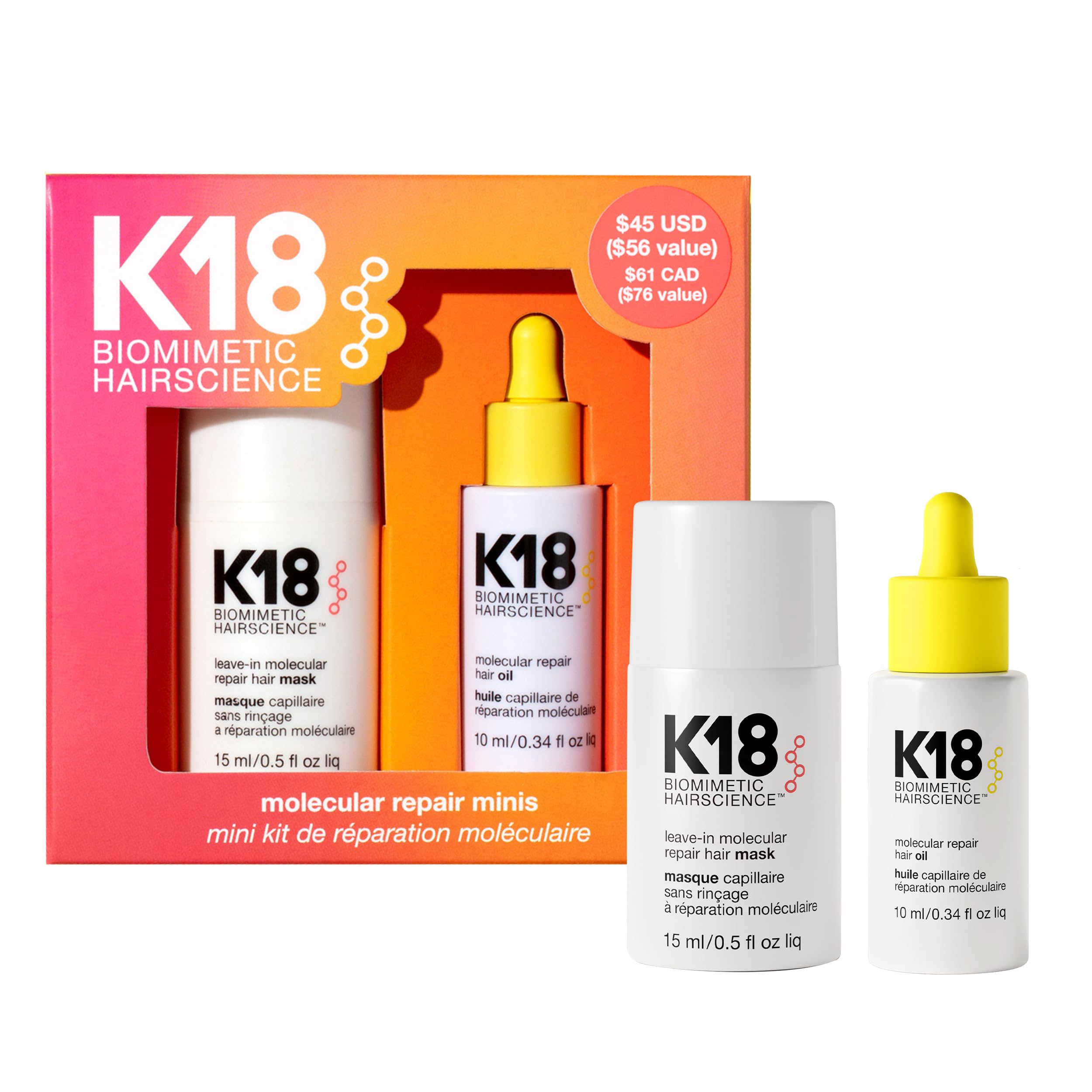 Photo 1 of **MISSING PARTS**K18 Molecular Repair Minis Kit, Leave-In Molecular Hair Mask + Lightweight Repair Oil, Repairing Hair Duo to Strengthen + Smooth Frizz, Suitable for All Hair Types, Travel Size Kit
