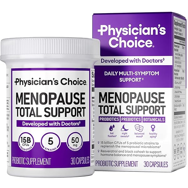 PHYSICIAN’S CHOICE MENOPAUSE PROBIOTIC SUPPLEMENT FOR WOMEN – SUPPORTS HORMONE BALANCE, HOT FLASHES, NIGHT SWEATS, WEIGHT MANAGEMENT, BLOATING & GUT HEALTH – WITH BLACK COHOSH, RESVERATROL+ – 30CT