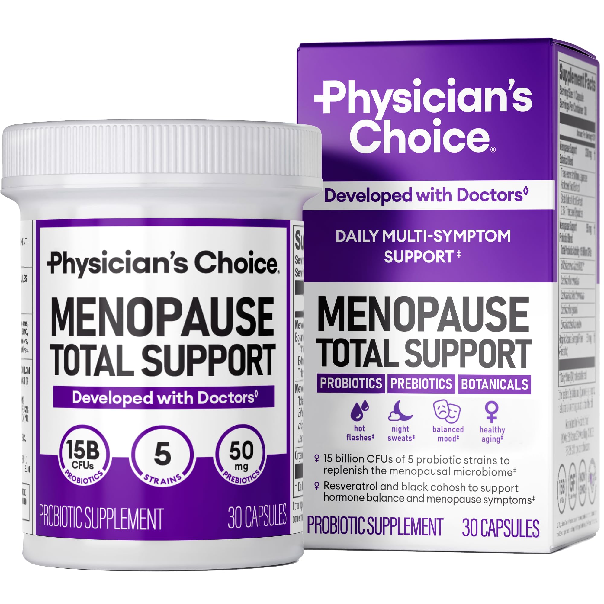 Physician's CHOICE Menopause Probiotic Supplement for Women - Natural Support for Hot Flashes, Night Sweats, Hormone Balance, Weight Management & Bloating - with Black Cohosh & Resveratrol - 30ct