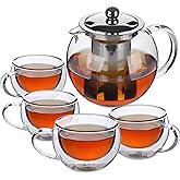 BTaT- Glass Tea Pot Set, Set of 4, Double Wall Glass Tea Cup and Kettle with Infuser