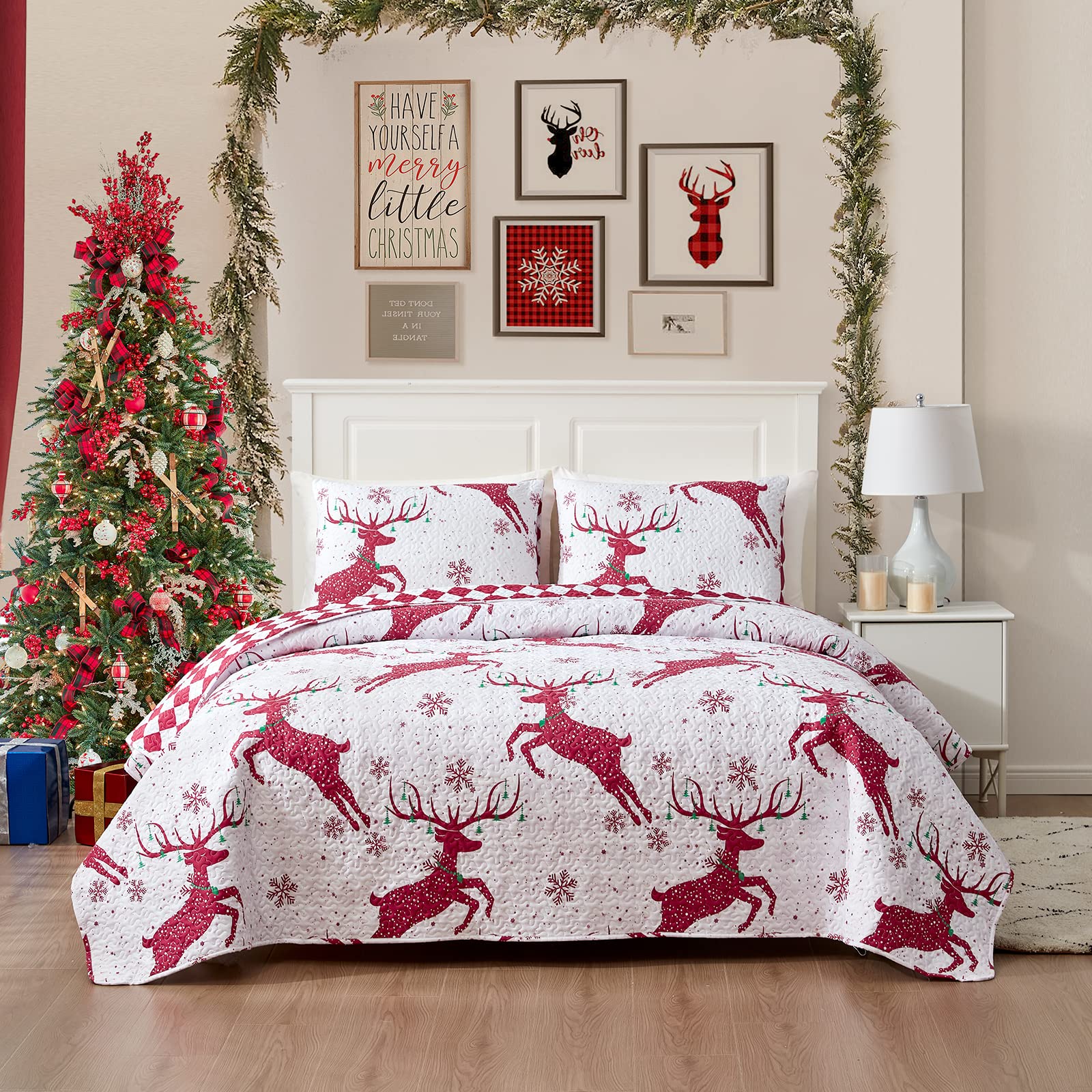 Photo 1 of Amgacina Christmas King Quilt Bedding Set (1 Reindeer Printed Quilt and 2 Plillowcases) Lightweight Bedding Cover Bedspread Bed Decor Coverlet Set 106x96 Inch Red Color