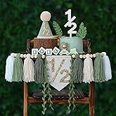 HODIHIWI 1/2 Birthday High Chair Banner For Half Way To One Party Decorations Wood Bead Tassel Garland Green Crown Hat Wooden Cake Topper Happy Half Year Party Photoshoot Props