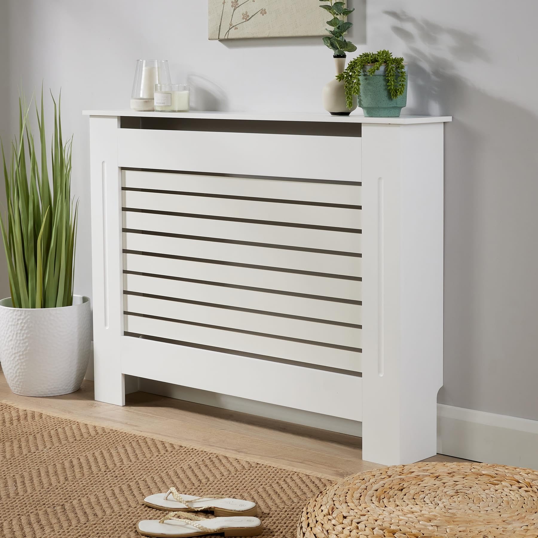 Home Source Radiator Cover Wooden Wall Cabinet Shelf Slatted Grill, White, Medium 112cm