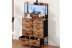 Smart Dresser with 11 Fabric Drawers, Built-in Charging Station with Wireless Charger, App-Controlled RGB LED Lights, Industr