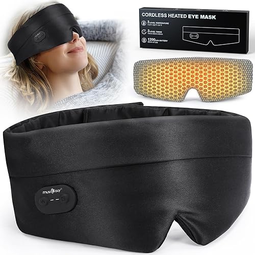 MUSICOZY Heated Eye Mask for Dry Eyes, Silk Warm Compress with 3 Heat Levels & Timer, Cordless Washable Eye Mask for Stye Relief, Puffy Eyes, Relaxation & Sleep