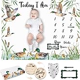 Guiqulai Mallard Duck Monthly Milestone Blanket for Baby Boy Flannel Newborn Infant Swaddle Growth Chart Photography Background with Baby Birth Signs, Felt Frames, Bibs