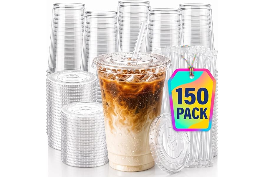 16 OZ 150 Pack Disposable BPA-Free Clear Plastic Cups with Lids and Straws | Food-Safe PET Cups with Flat Lids & Wrapped Stra