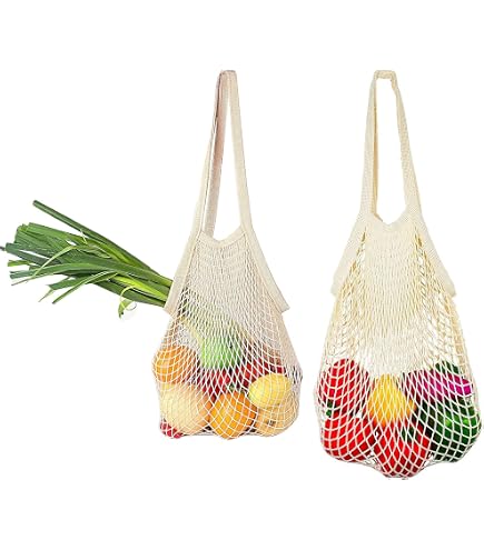 Lot de 2 sacs d'épicerie en maille de coton réutilisables avec longue poignée pour légumes et fruits (blanc), BLANC, tendance