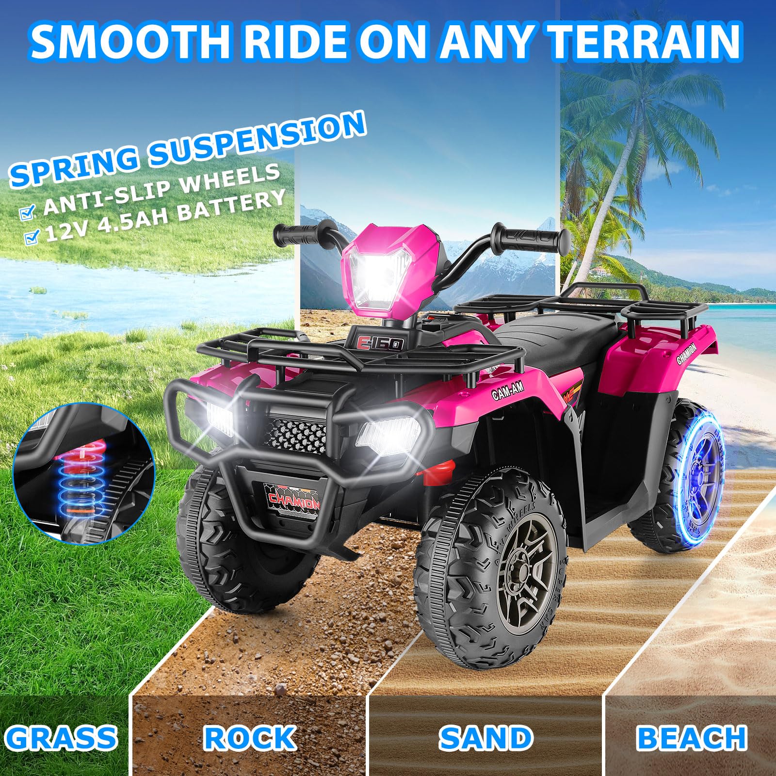 Hikole Kids ATV, 12V Four Wheeler for Kids, Battery Powered Electric Quad Car Toy with LED Lights, Music, High/Low Speed, Soft Start, USB, Treaded Tires, Rose Red