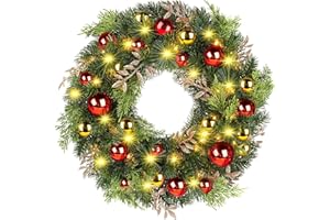 Quntis 40 LED Lighted Christmas Door Decoration Wreath, Artificial Wreath Decorative Hanging Red Gold Ball Ornaments, 8 Modes Timer Function Xmas Wreath for Holiday Party Home Fireplace Wall Window