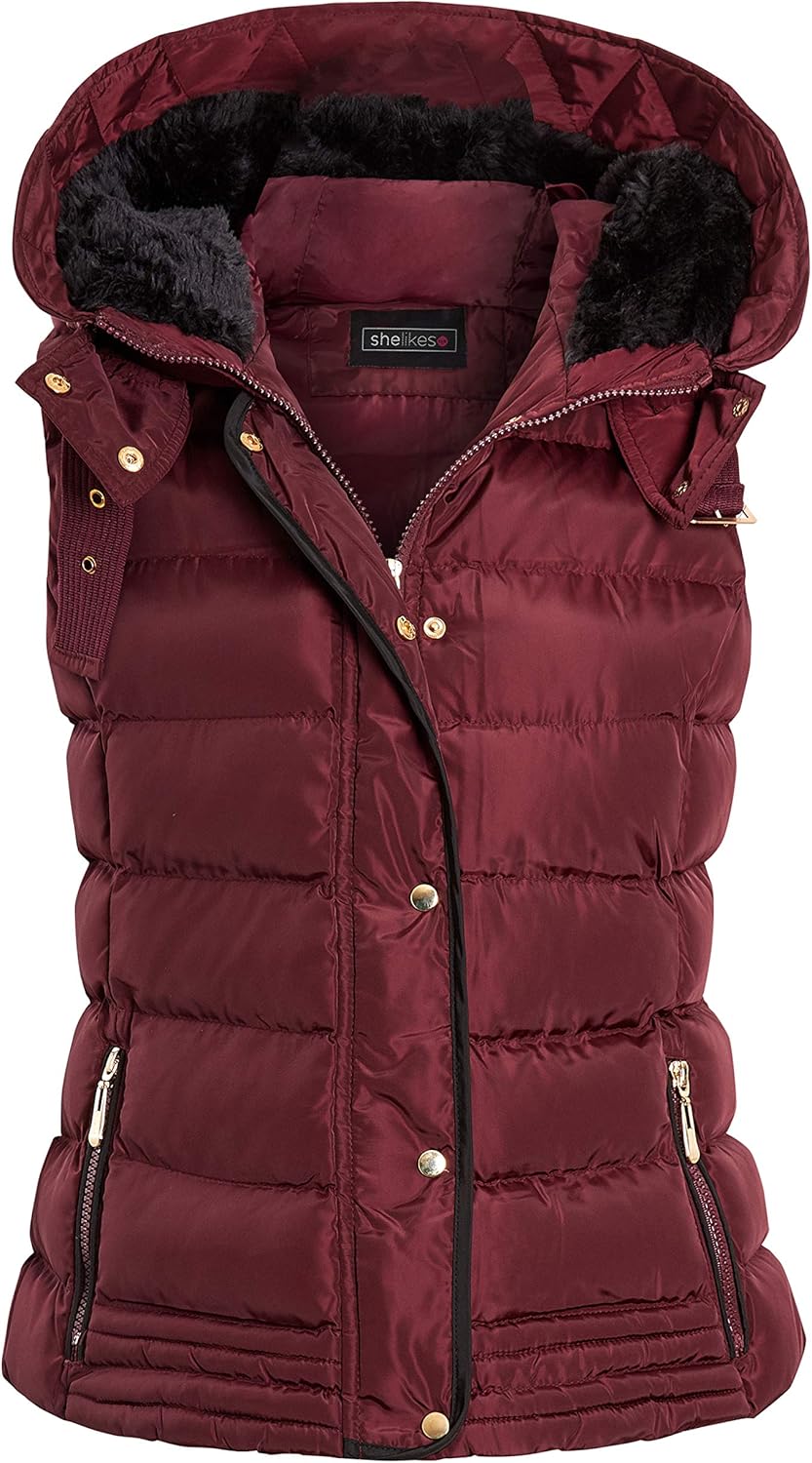 shelikes Womens Ladies Fur Hood Body Warmer Quilted Padded Navy Black