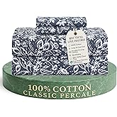Feather & Stitch Softest 100% Cotton Sheets, 300 Thread Count Percale Weave Bedding, 16" Deep Pocket, Cooling Sheets, Breathable Bed Set, Hotel Premium Quality (Queen, Twilight Bloom Indigo)