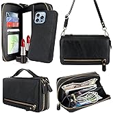 Harryshell Compatible with iPhone 13 Pro Max 6.7 inch 2021 Case Wallet Multi Zipper Detachable Magnetic Cover Purse with Card Slots Mirror Crossbody Wrist Strap (Black)