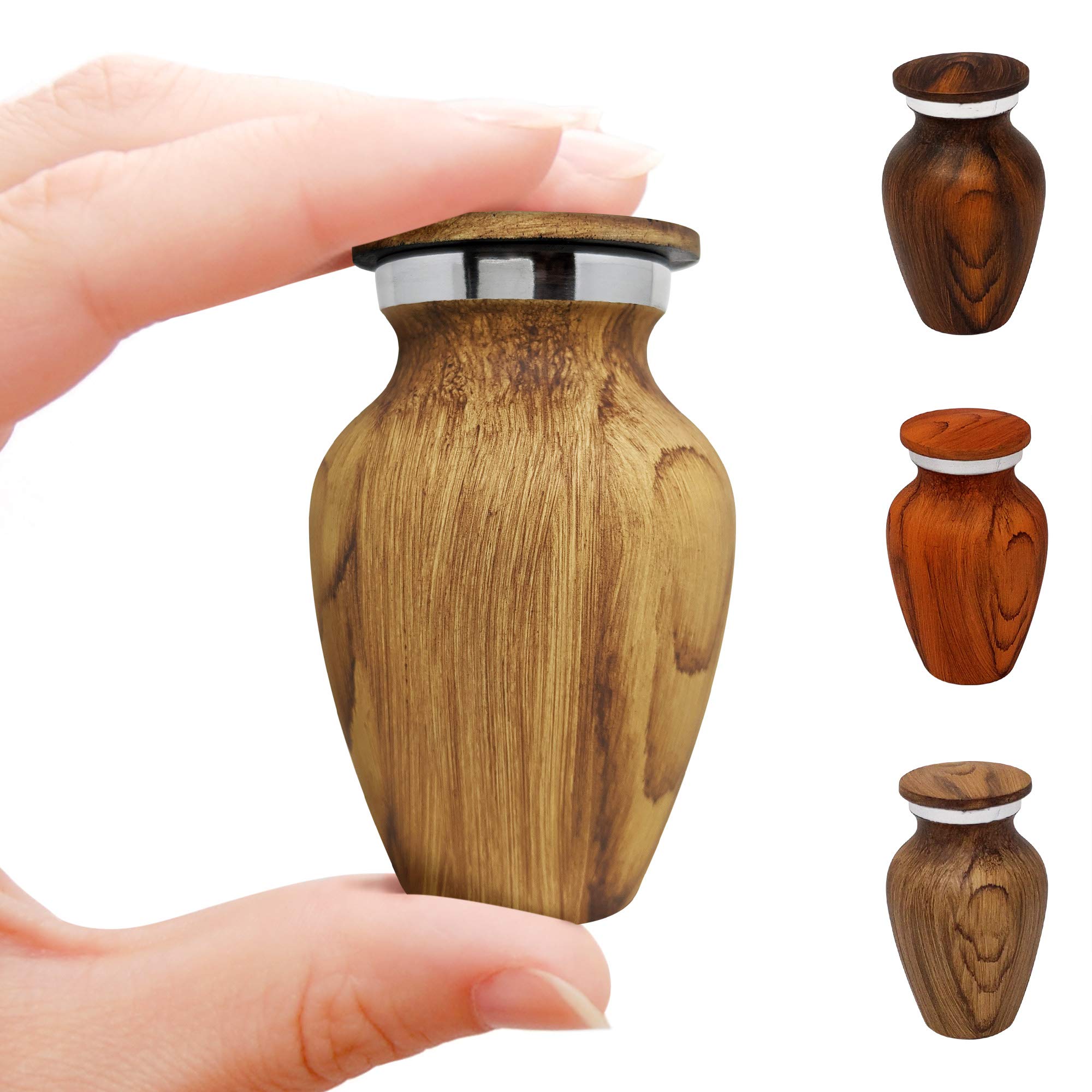 KC KATIE COLLECTION BY URNSELLER Small Keepsake Cremation Urn For Human Ashes Aluminum With Wood Grain Finish | Mini Metal Sharing Personal Funeral Urn for Pet or Human Ashes (Oak)