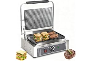 CTJ Commercial Panini Press Stainless Steel Electric Sandwich Panini Maker 2200W Countertop Panini Grill Press with Grooved Top & Temp Control for Sandwich Hamburger Steak Bacon