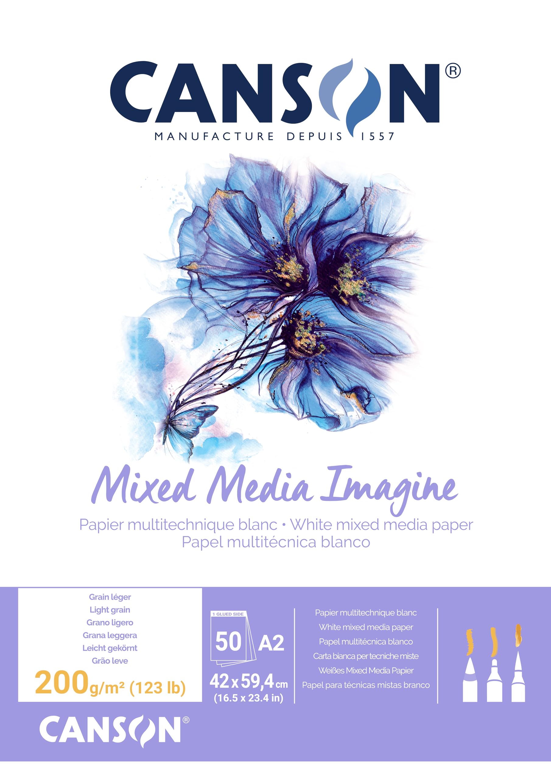 Canson Imagine A2 200g White Mixed Media Paper Pad, Light Grain, Markers, Brushes, Felt Tip-Pens, For Professional Artists & Illustrators — image 1