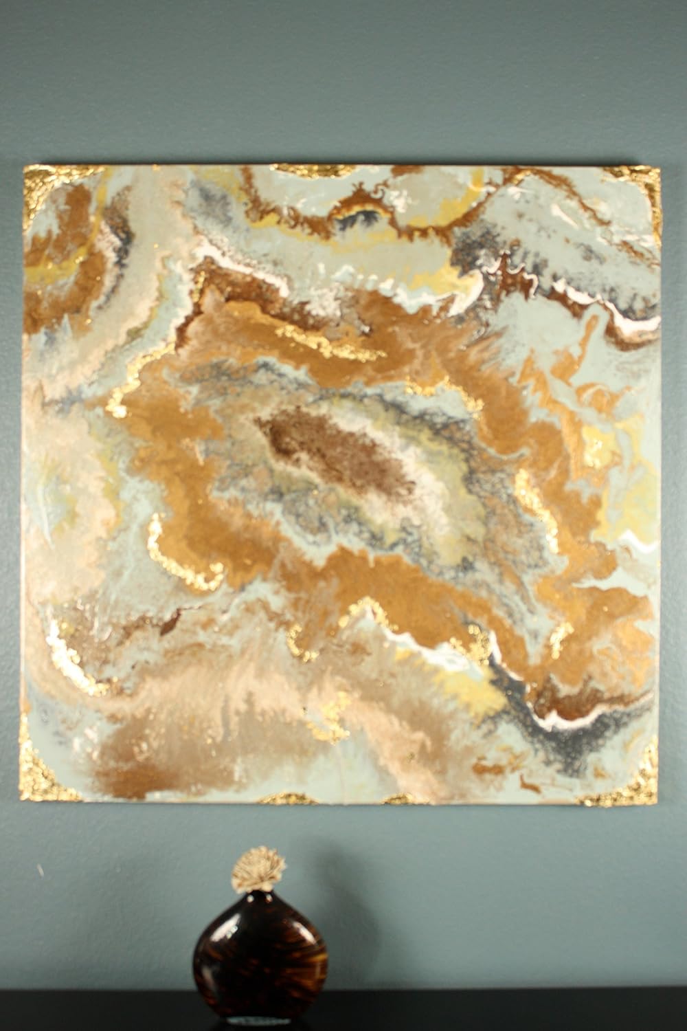 Amazon Com Large Original 40x40 Inch Fluid Acrylic Abstract Art Gold Leaf Abstract Bronze Abstract Agate Slice Abstract Fluid Acrylic Art Blue Grey Abstract Handmade