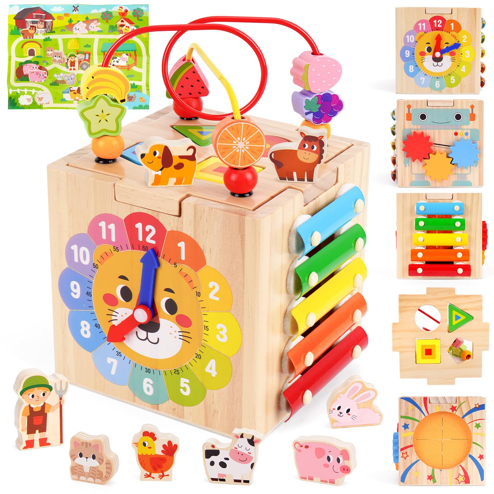 Photo 1 of Toddler Wooden Activity Cube Toys, Montessori Toys for 1 2 3 Year Old Boy Girl, Educational Learning Toy for Toddlers 1-3 2-4 Years, Sensory Infant First 1st 2nd one two Christmas Birthday Gifts