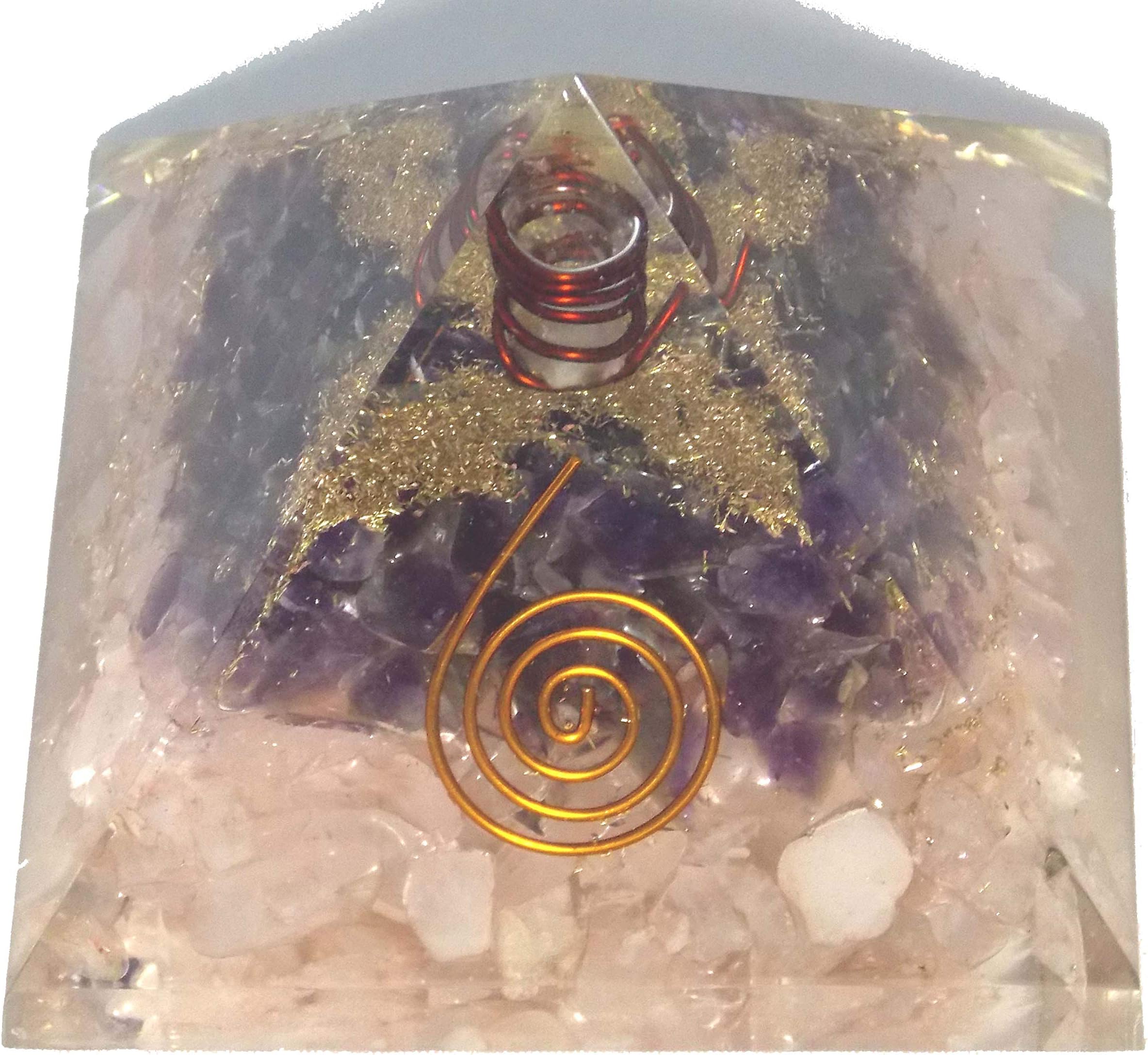 Orgone Pyramid (Rose Quartz & Amethyst w/Copper-Coiled Quartz Point)