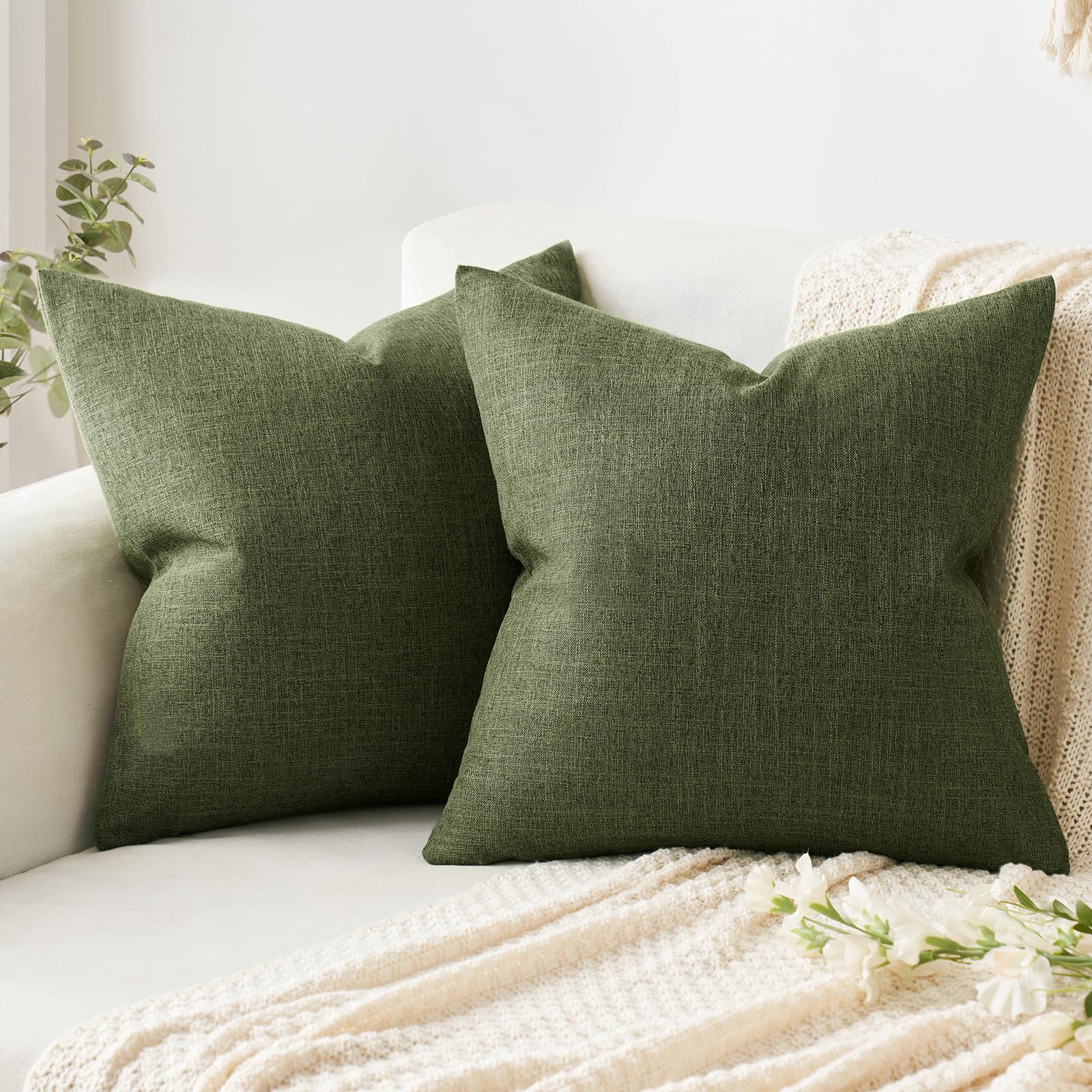 Photo 1 of MIULEE Pack of 2 Decorative Linen Burlap Pillow Covers Spring Farmhouse Boho Accent Pillowcases for Sofa Car Couch Bedroom Living Room Decor 18x18 Inch Dark Olive Green