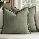Woaboy Decorative Linen Fringe Throw Pillow Covers Boho Farmhouse Soft Accent Pillows with Tassels Spring Home Decor for Livingroom Couch Sofa Bed,18x18 Inch Set of 2,Light Olive Green