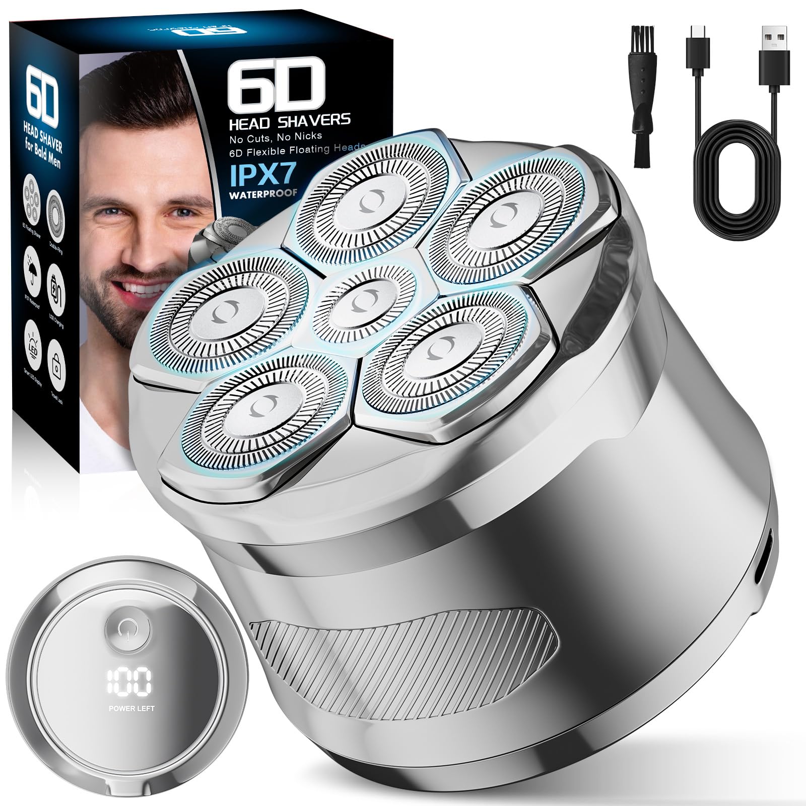 RealPlus Men's 6D Flexible Head Electric Shaver, 2-Speed with LED Display, IPX7 Waterproof, Type-C Rechargeable, Silver