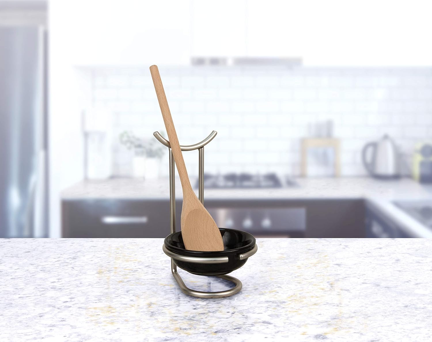Spectrum Diversified Euro Standing Spoon Rest with Ceramic Dish Upright Utensil Holder for Stovetop & Kitchen Counter Organization, Modern Vertical Design, Satin Nickel/Black: Home & Kitchen