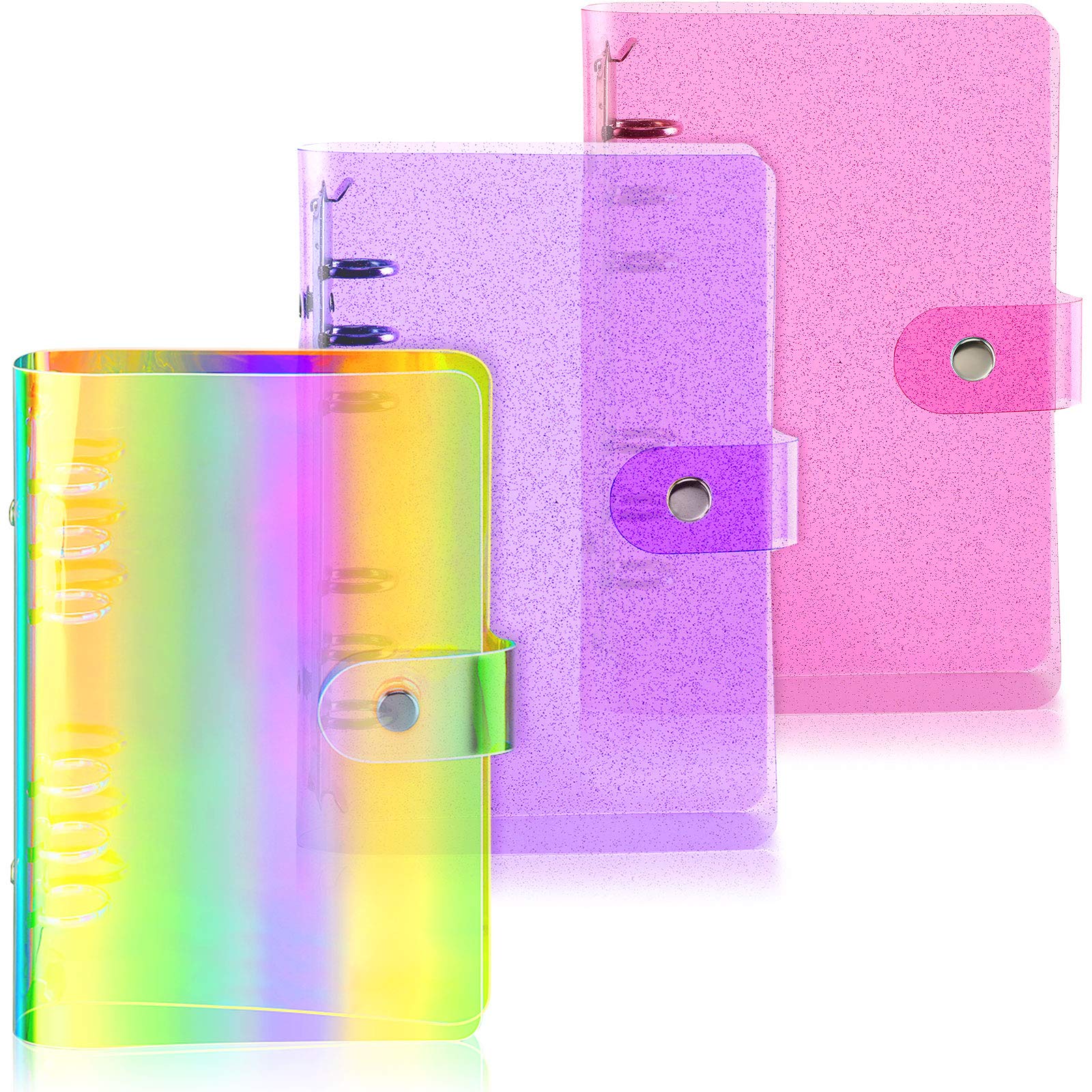 Outus 3 Pieces Clear A6 Binders Colorful A6 PVC Soft 6-Ring Binder Cover Transparent PVC Notebook Folder Cover Budget Glitter Laser Refillable Planner Office(Rainbow, Purple, Pink)