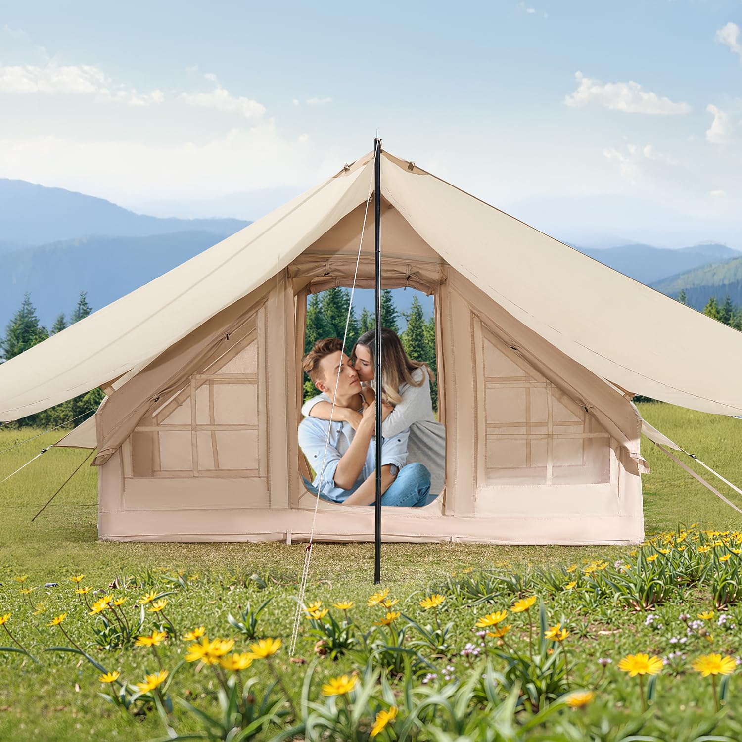 VEVOR Aufblasbare Zelte für Camping 3x2x2 m, 3–5 Personen, 300D Oxford 4-Jahreszeiten-Glamping-Zelt mit Baldachin, Handpumpe, Ofenanschluss, 2 Türen & 2 Netzfenstern (Aufbewahrungstasche inkl.) 9