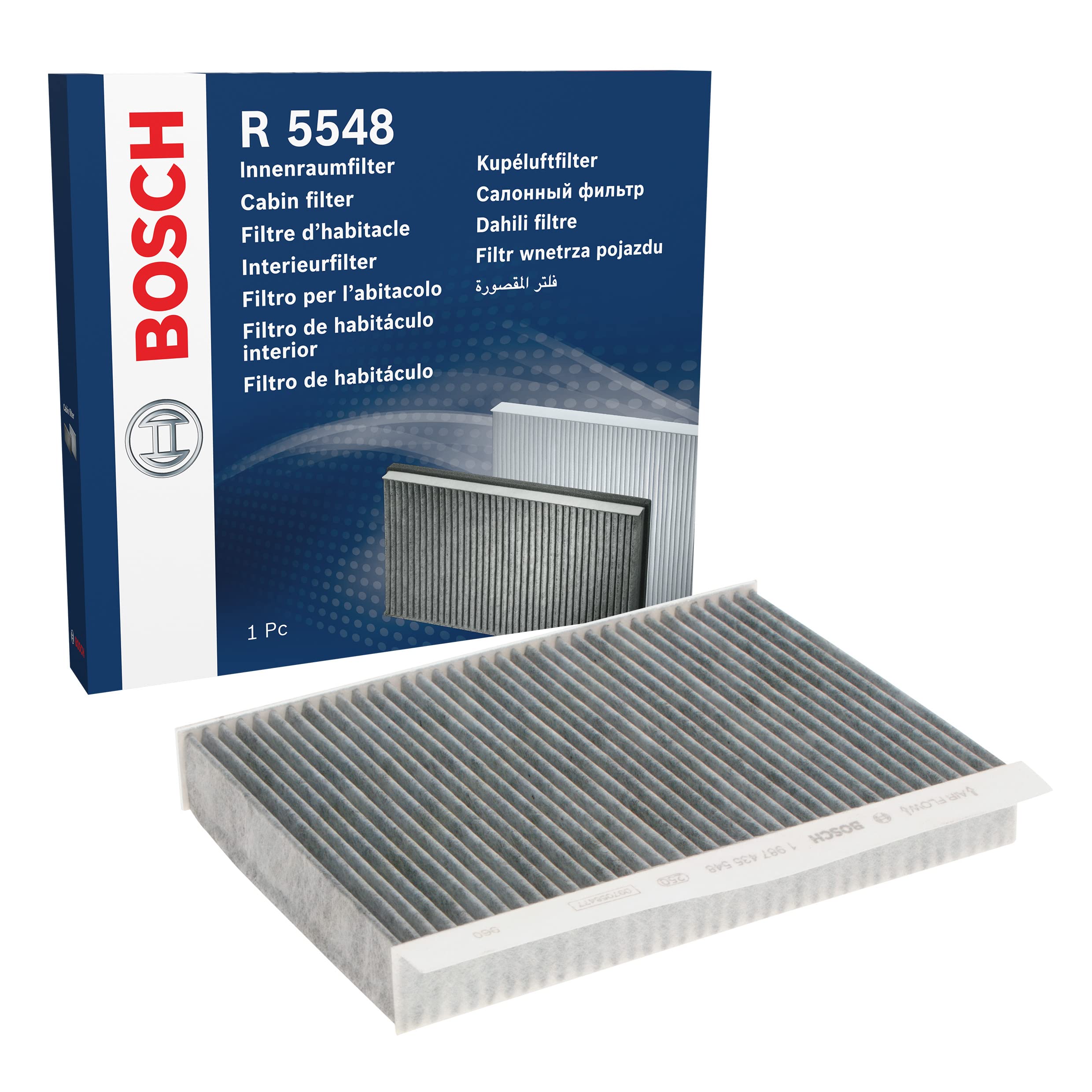 Bosch R5548 Activated Carbon Cabin Filter, Replacement Filter - Against Unpleasant Smells, Pollen and Dust for Cleaner Air Inside the Vehicle