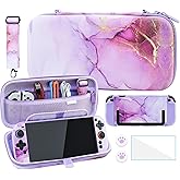 FANPL Cute Case Bundle for Nintendo Switch 2 Accessories, Travel Carrying Cover for Switch 2 with Hard Glitter Skin, Adjustable Strap, Screen Protector, Thumb Grip Caps (Purple Marble)