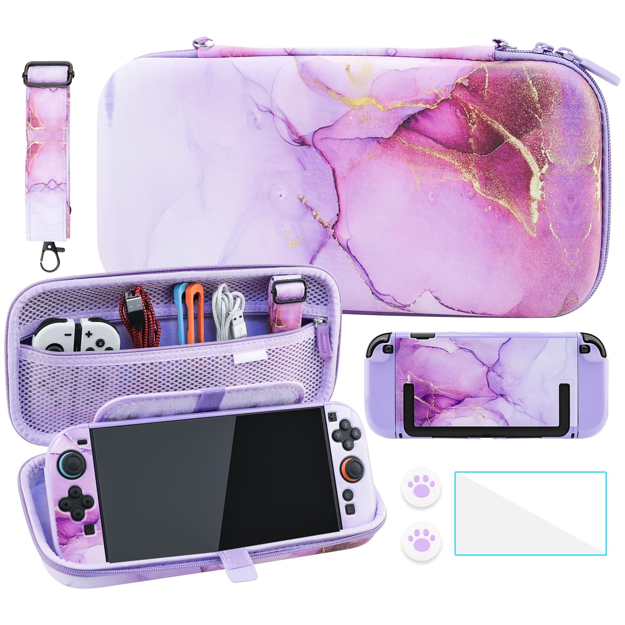 FANPL Cute Case Bundle for Nintendo Switch 2 Accessories, Travel Carrying Cover for Switch 2 with Hard Glitter Skin, Adjustable Strap, Screen Protector, Thumb Grip Caps (Purple Marble)