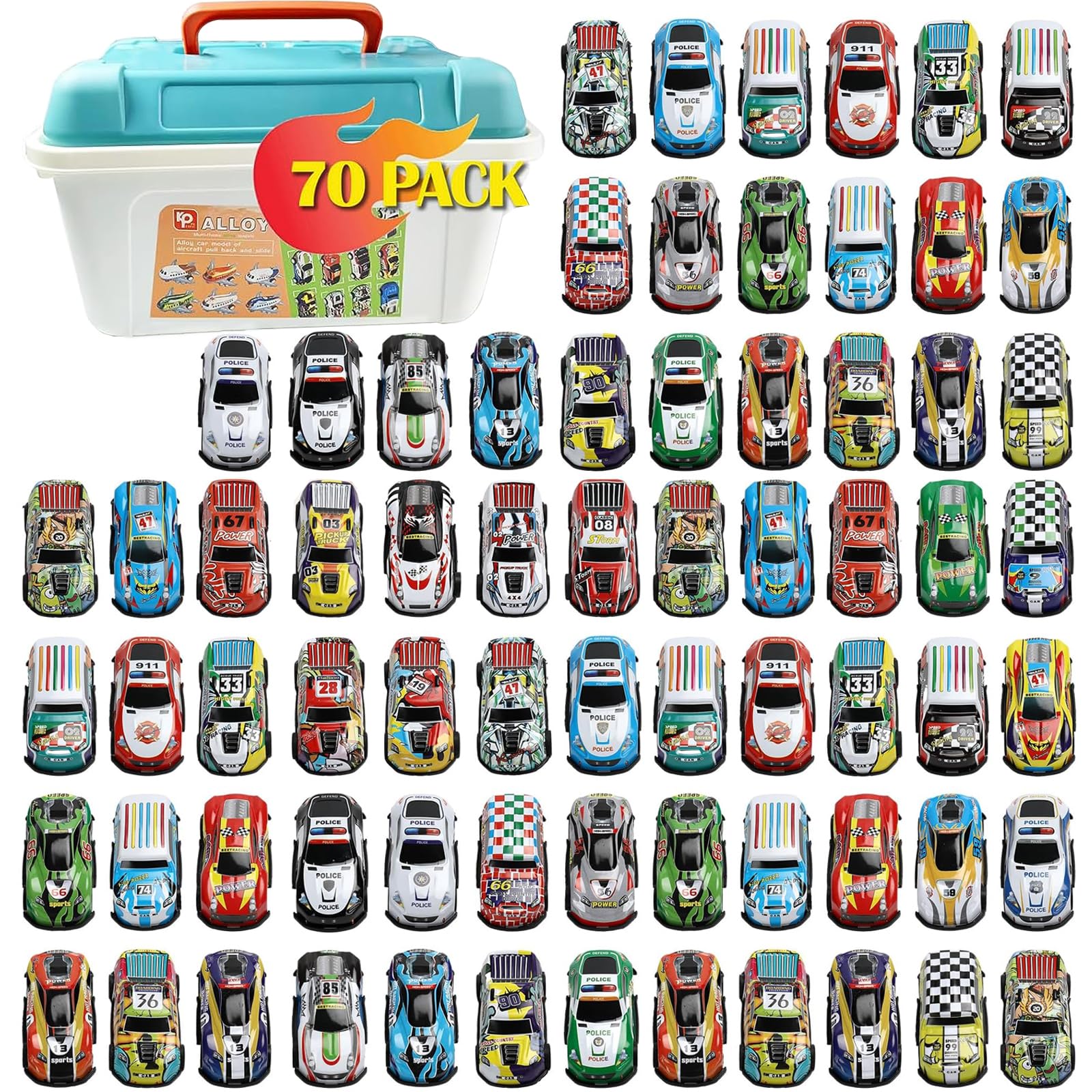 SZJYMY 70 Pcs Die-cast Metal Mini Pull Back Cars Set with Storage Case Fun loose racing toys Teacher Treasure Prize Box Party Favors, Goodie Bag Stuffers Toys for Boys Girls Toddlers
