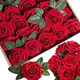 LCiclly 25pcs Artificial Flowers Red Foam Fake Rose with Stems 8 Leaves Real Looking Faux Burgundy Roses for Wedding Bouquets Bridal Shower Centerpieces Arrangements Party Tables Decorations DIY