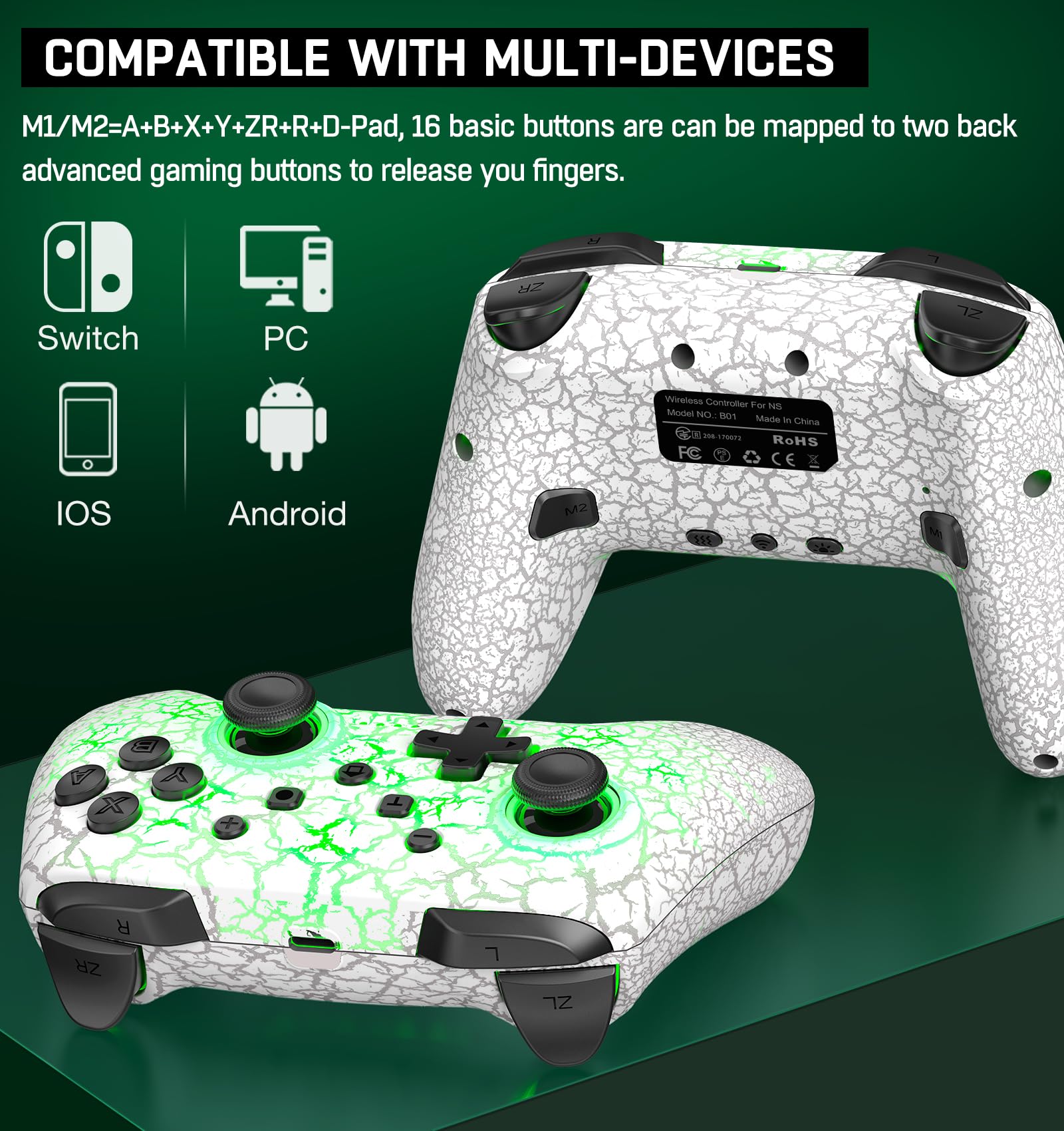 Wireless Switch Controller for Nintendo Switch/Switch 2/Lite/OLED Controller, Switch Controller with a Mouse Touch Feeling on Back Buttons, Extra Switch Pro Controller with Wake-up,Programmable, Turbo Function (White-LED Light)