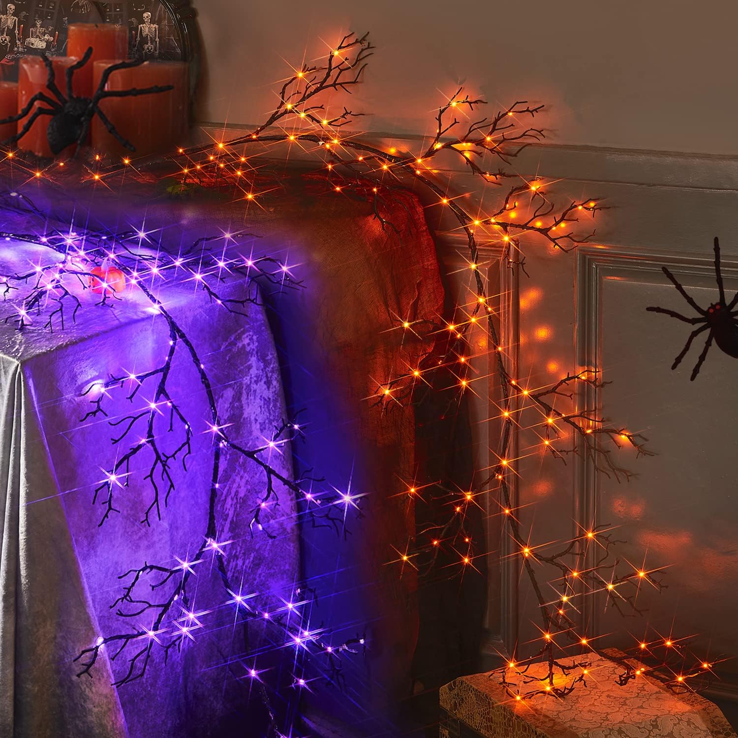 Wreaths, Garlands & Swags - Fudios Lighted Halloween Garland with 120 Orange and Purple LED Fairy Lights for Mantle, Halloween Black Garland with Lights 8 Functios Battery Operated 6FT Indoor Outdoor Home Wall Decoration
