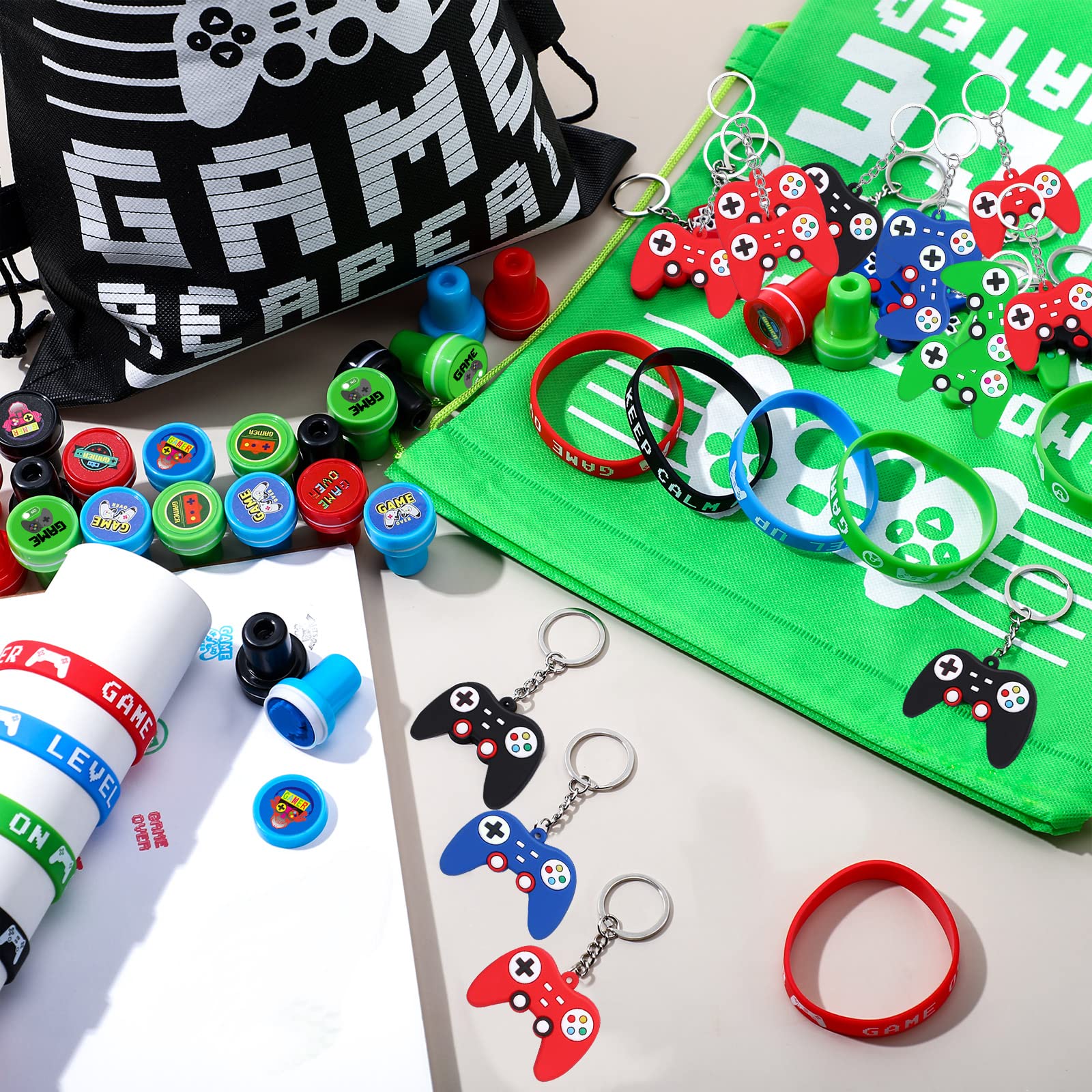 Aoriher 60 Pieces Video Game Party Favors Gifts Set Includes 20 Video Game Bracelets Wristbands 24 Stampers and 16 Handle Keychains for Party Supplies(Classic Style)