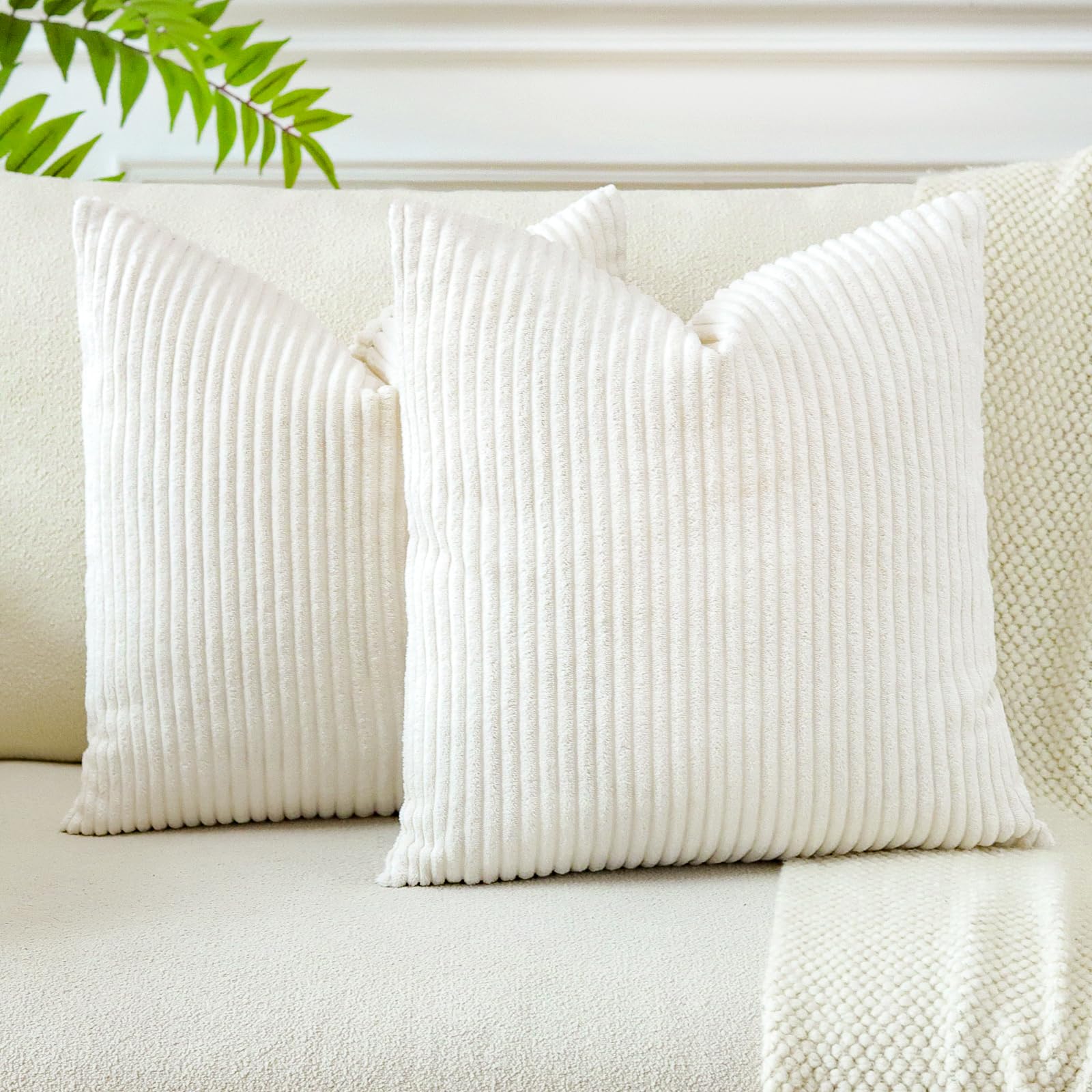 JOTOM Set of 2 Corduroy Soft Striped Cushion Covers 45x45 cm Boho Decorative Throw Pillow Covers Square Cushion Case Pillowcases for Couch Sofa Bedroom Chair Home Decor 18x18 Inch (Beige White) — image 1