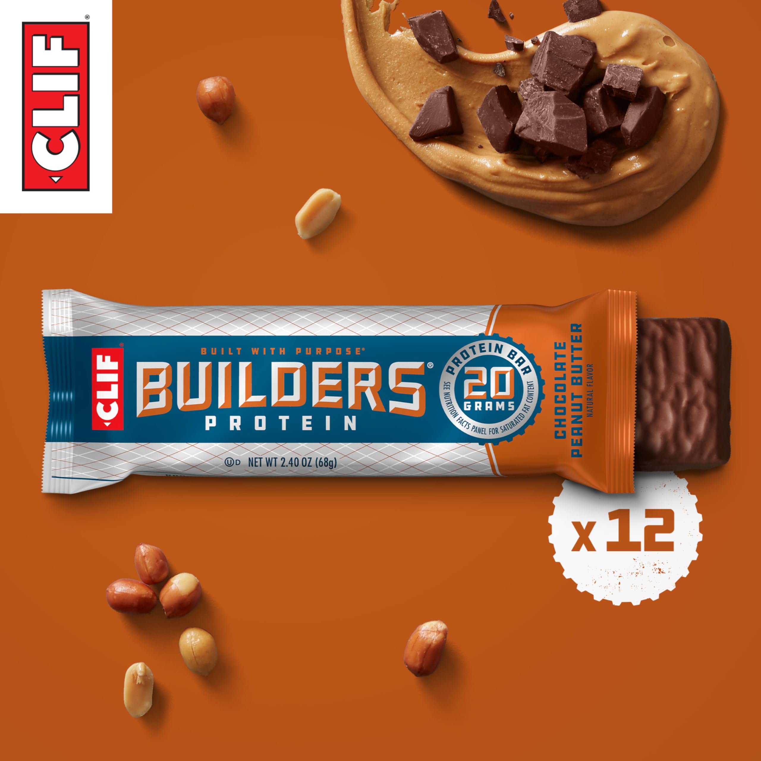 CLIF BUILDERS Protein Bars - Chocolate Peanut Butter Flavor - 20g Plant Based Protein - Gluten Free - Non-GMO - Low Glycemic - No Artificial Sweeteners - Value Pack, 2.4 oz. (12 Count)