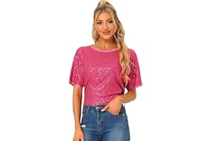 Allegra K Sequin Top for Women's Halloween Costumes Round Neck Short Sleeve Party Clubwear Blouse